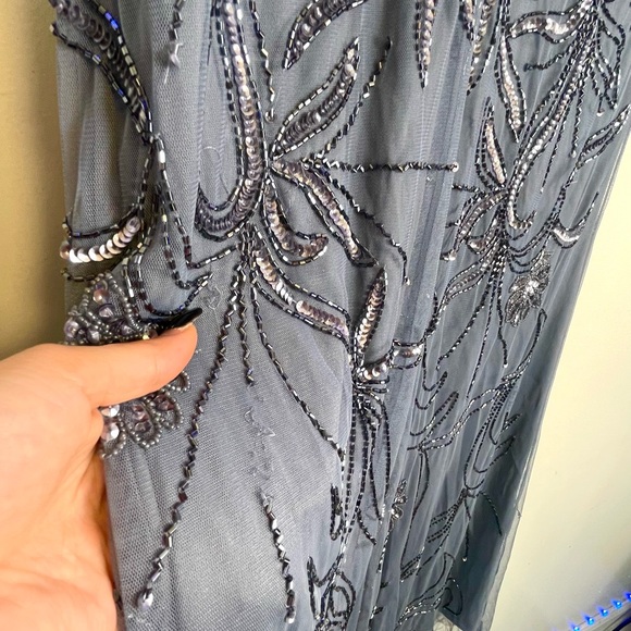ADRIANNA PAPELL Womens Sequined Long Evening Gown Navy Size 12 | Short Sleeve - Picture 6 of 12